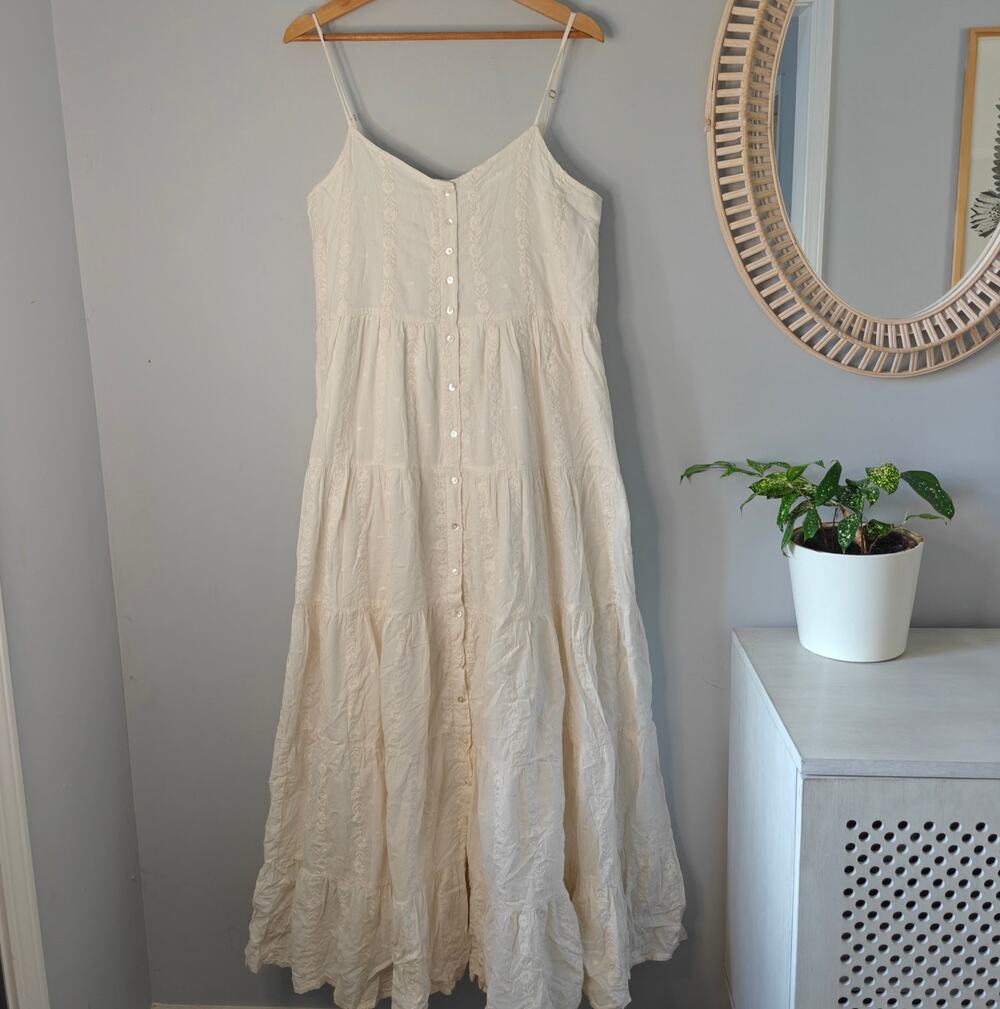 SEZANE Ama Dress Ecru Embroidered Cotton Maxi FR 40 US 8 Cream Buttons